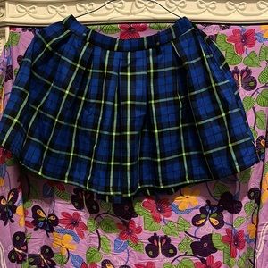 blue and green plaid pleated skirt